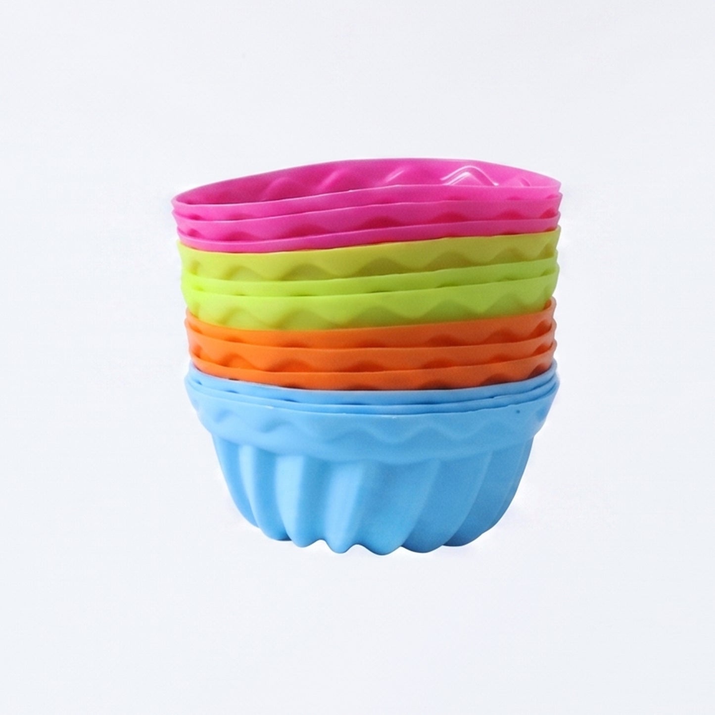 Reusable silicone cupcake mould set with 12 colorful moulds for baking, by Wukusy.