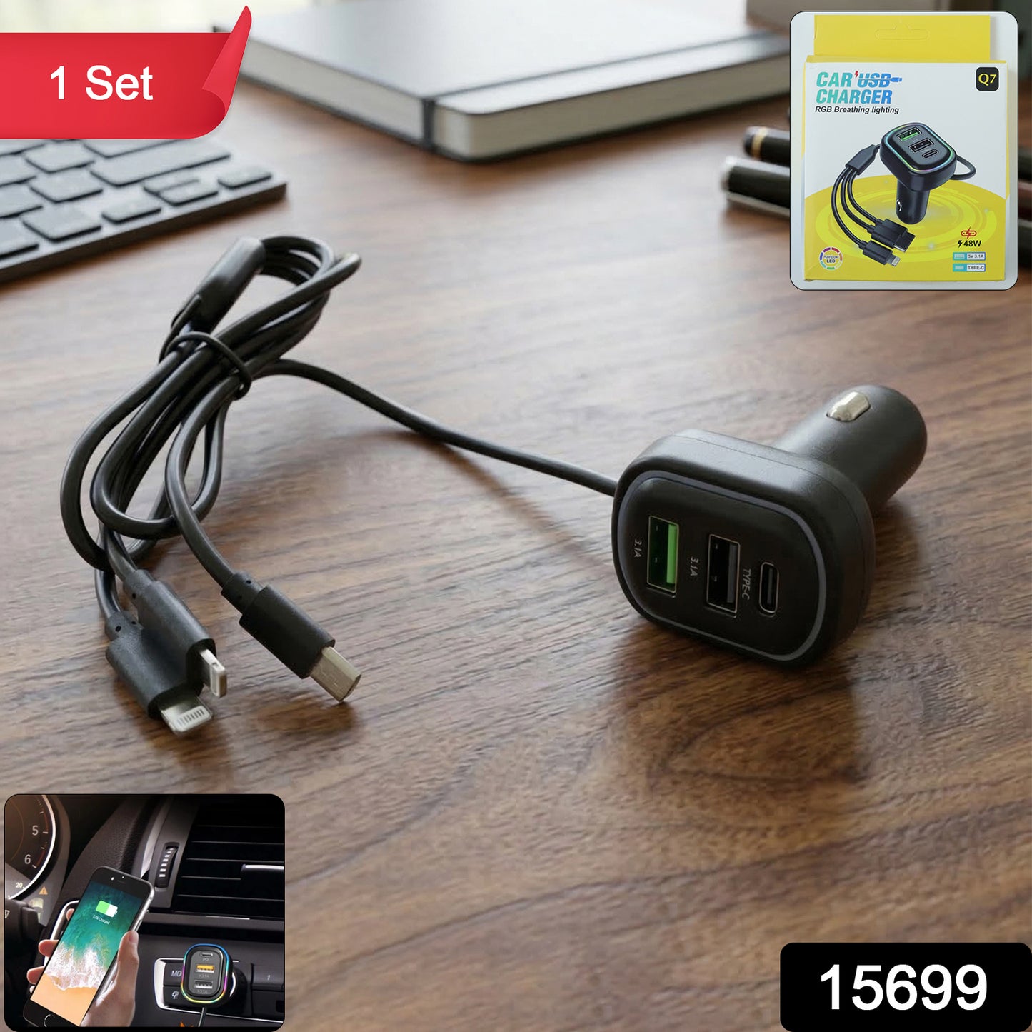 Wukusy RGB breathing light multi-port car USB charger with 62 cm cable, featuring colorful LED lighting and multiple charging ports.