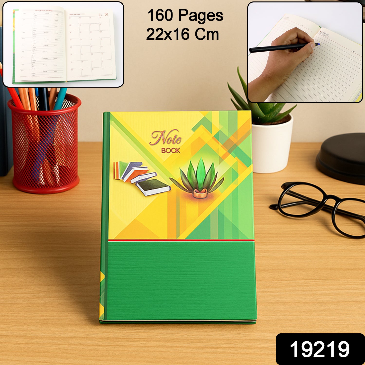 Wukusy hardcover ruled notebook with calendar, 160 pages, 22x16 cm, for office use, open showing lined pages and calendar layout.