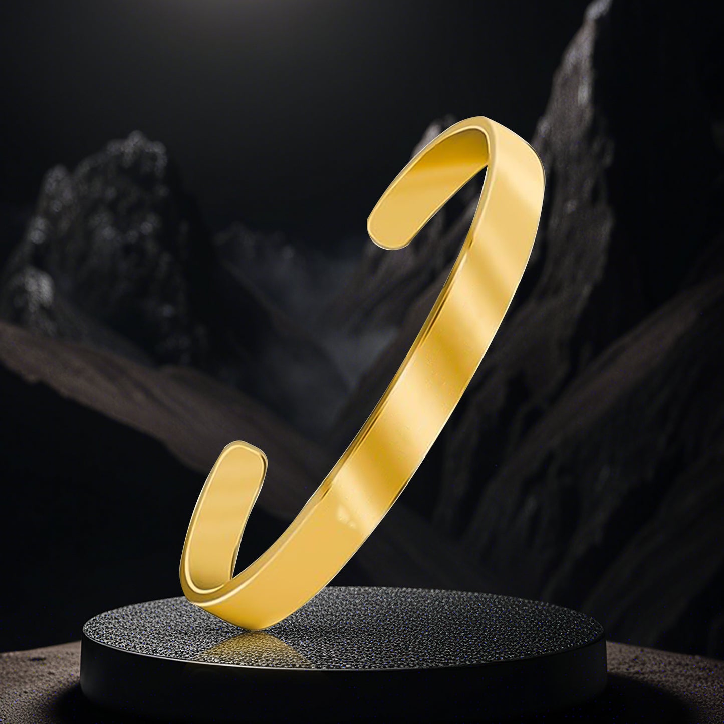 Elegant gold finish open cuff bracelet by Wukusy, showcasing a sleek, stylish design with a polished gold look.