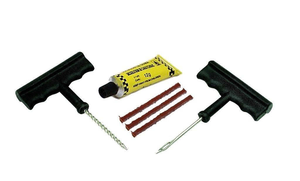 Wukusy 1513 tubeless tyre puncture repair kit with nose pliers, rubber cement, and extra strips for cars and bikes.