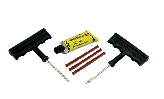 Wukusy 1513 tubeless tyre puncture repair kit with nose pliers, rubber cement, and extra strips for cars and bikes.