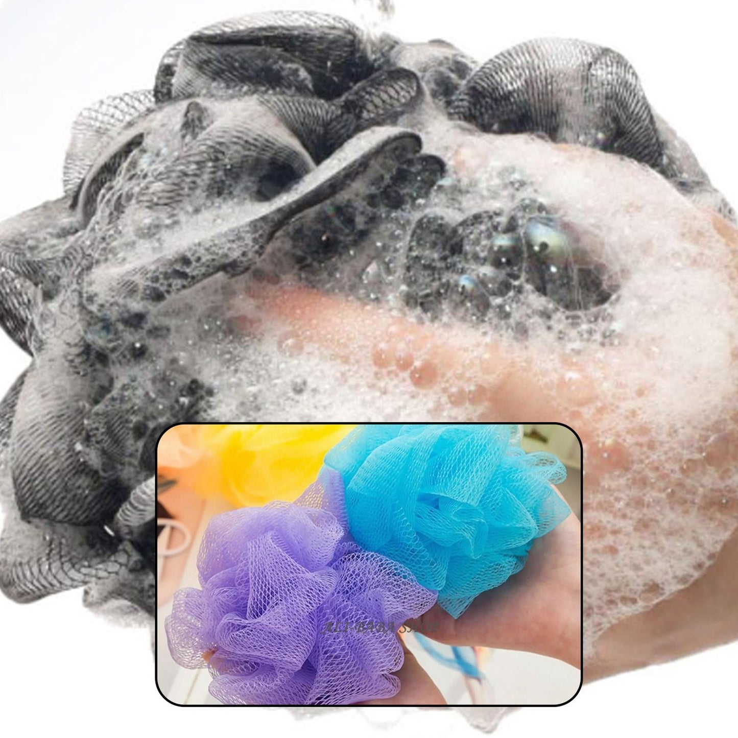 Six Wukusy bath shower loofah pouf sponges for body scrubbing, shown in a pack of six, ideal for exfoliating skin.