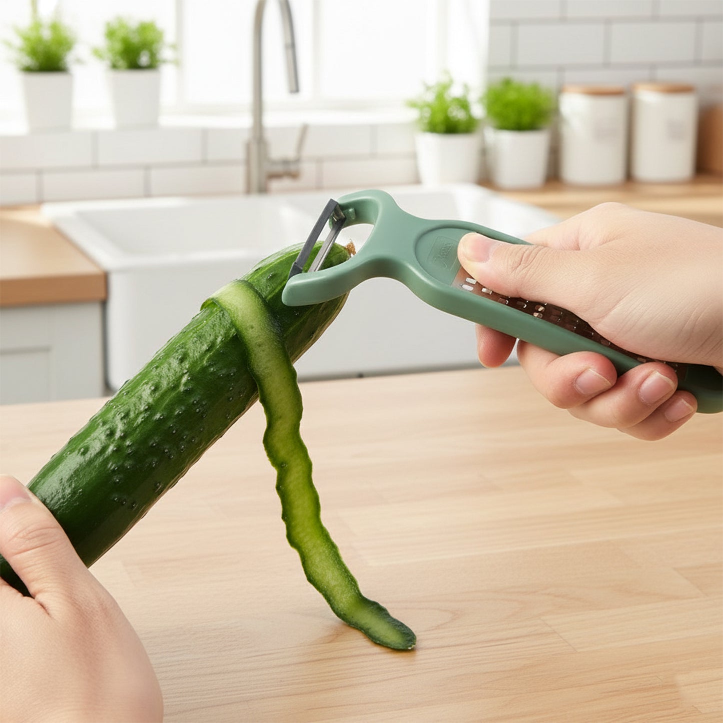 Wukusy 2-in-1 vegetable peeler and grater tool with stainless steel blades on a white background.