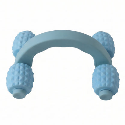 Wukusy handheld 4-roller body massager for muscle relaxation, shown with arms, legs, and back in use.