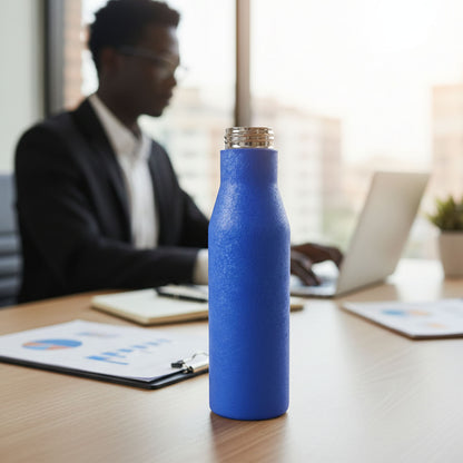 Blue Wukusy stainless steel water bottle, 1000ml capacity, sleek design, with a secure screw-top lid.