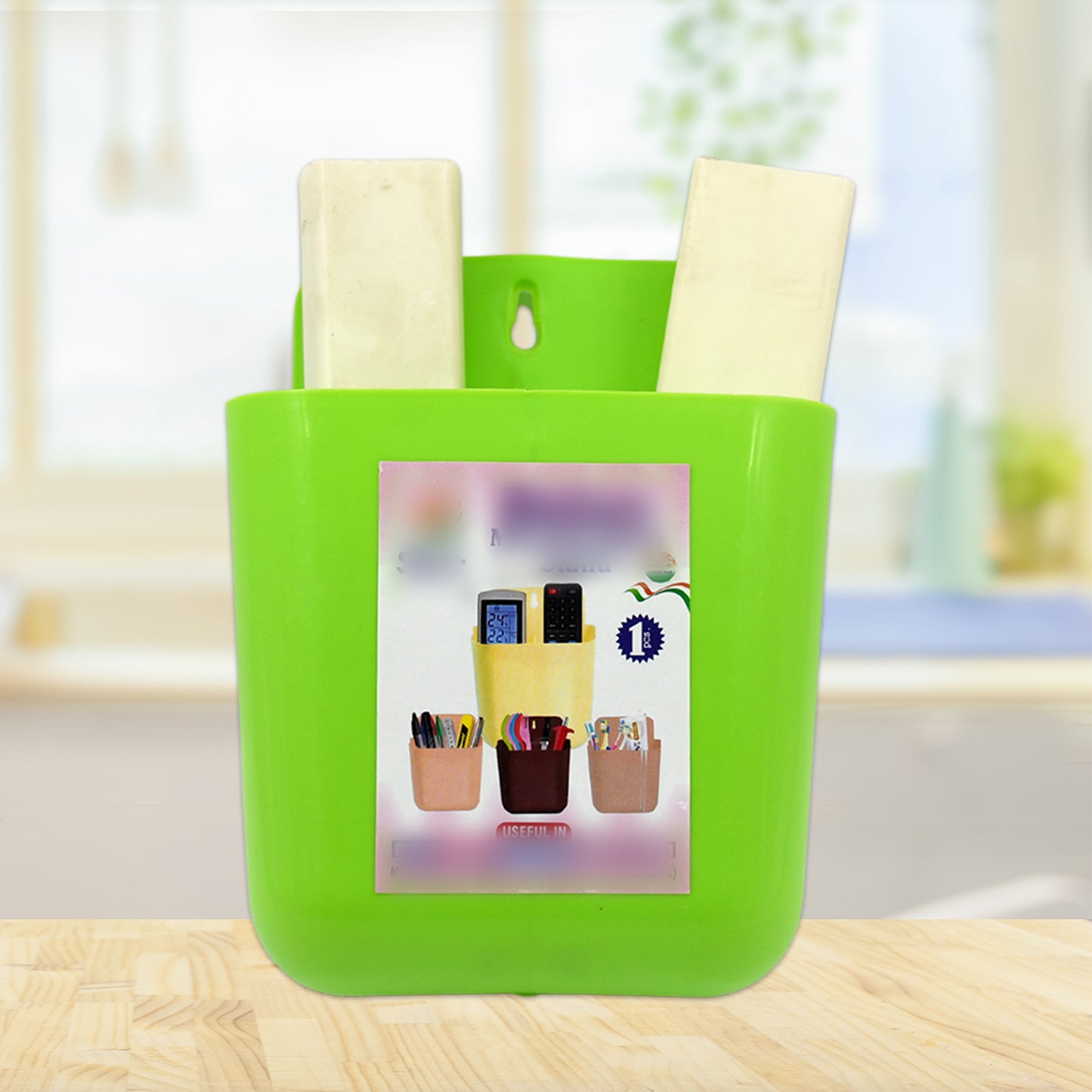 Wukusy 4473 multipurpose wall holder with two sections for mobile, remote, makeup brushes, or stationery in home and office spaces.
