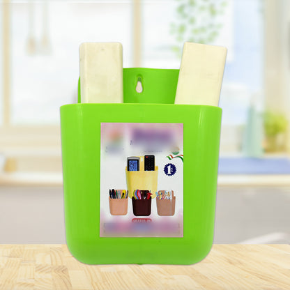 Wukusy 4473 multipurpose wall holder with two sections for mobile, remote, makeup brushes, or stationery in home and office spaces.
