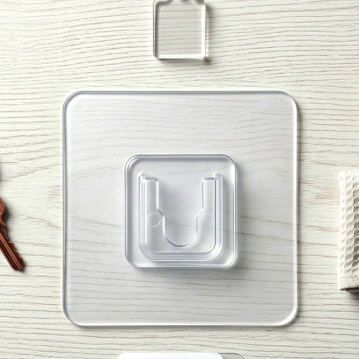 Transparent self-adhesive wall hook by Wukusy mounted on a wall, showing its clear design and adhesive backing.
