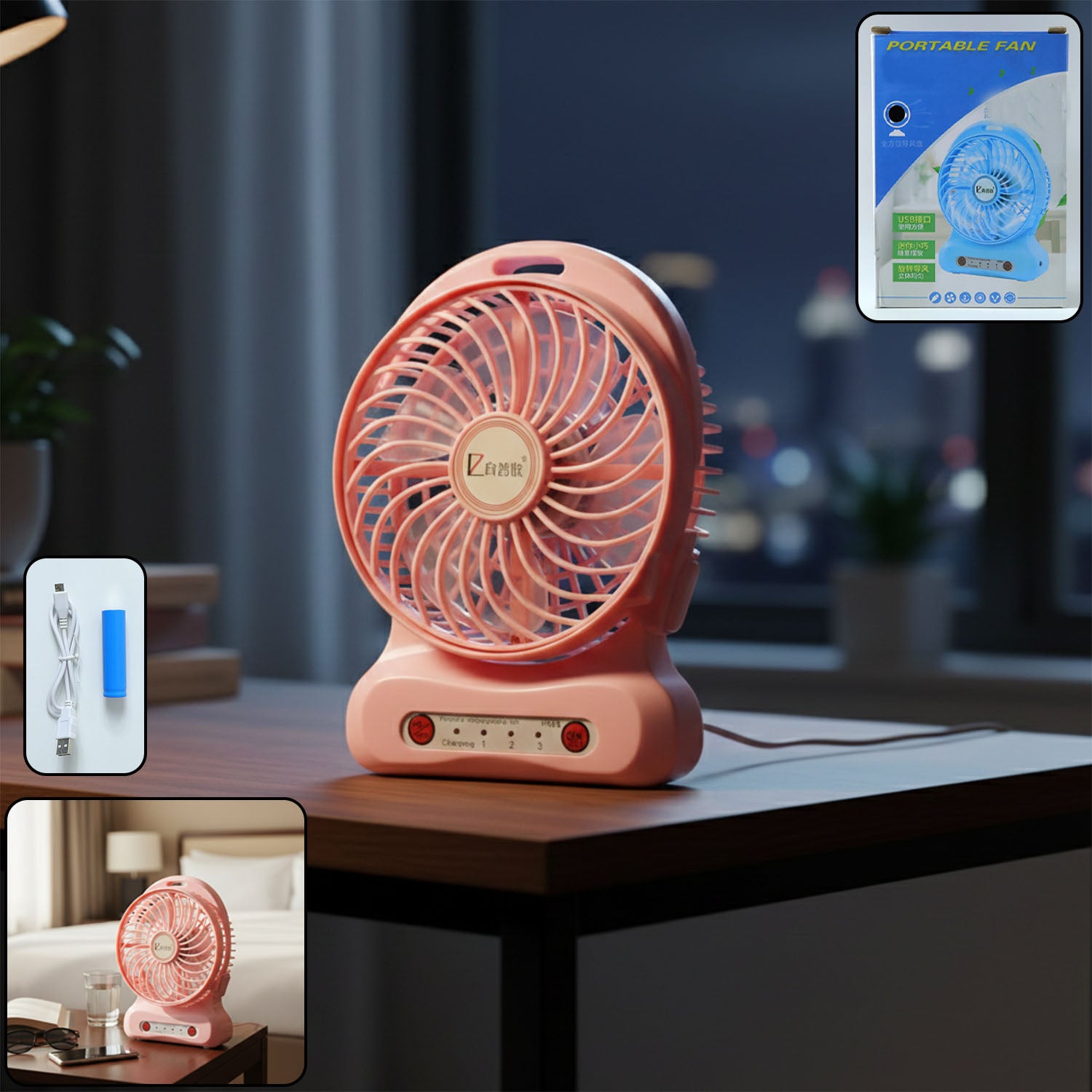 Wukusy portable USB rechargeable desk fan with adjustable blades and compact design, perfect for personal cooling.