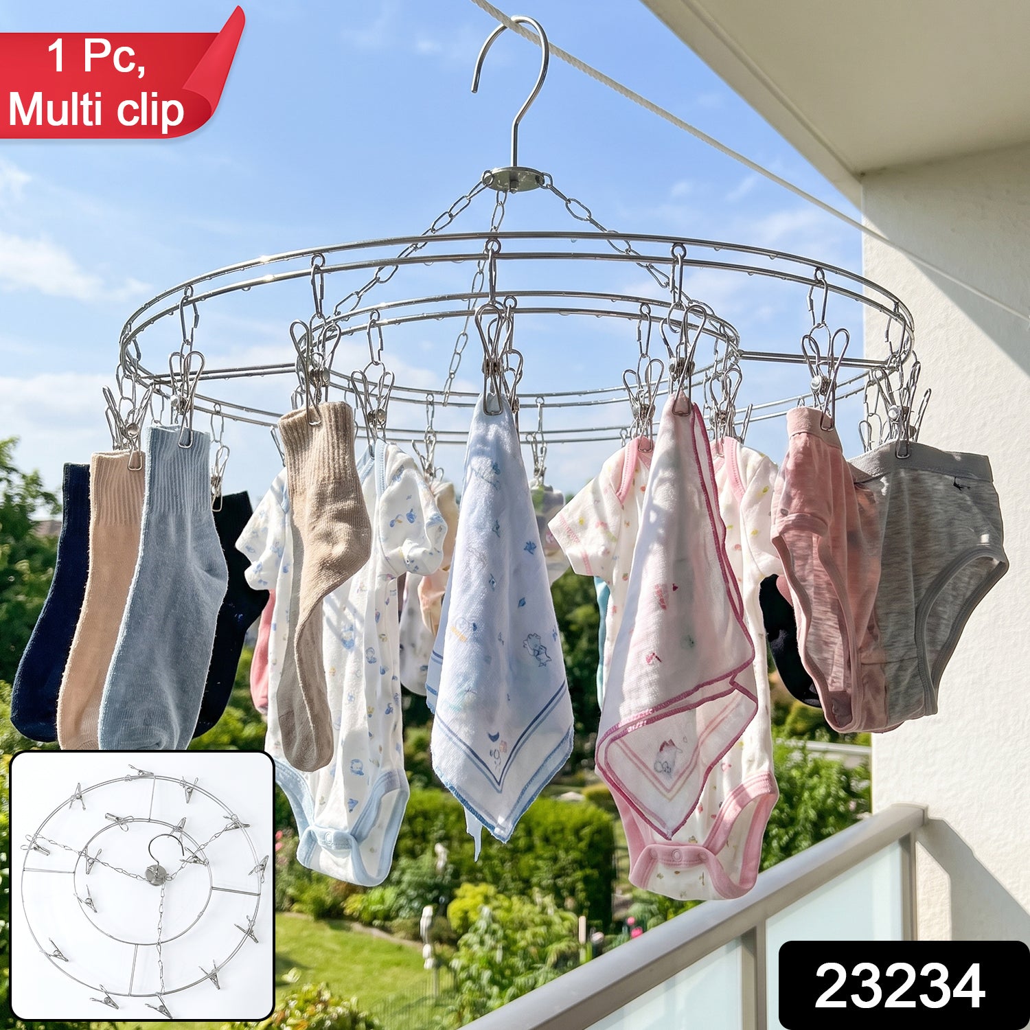 Wukusy stainless steel round multi-clip drying hanger with clips for socks and underwear, displayed hanging on a clothesline.