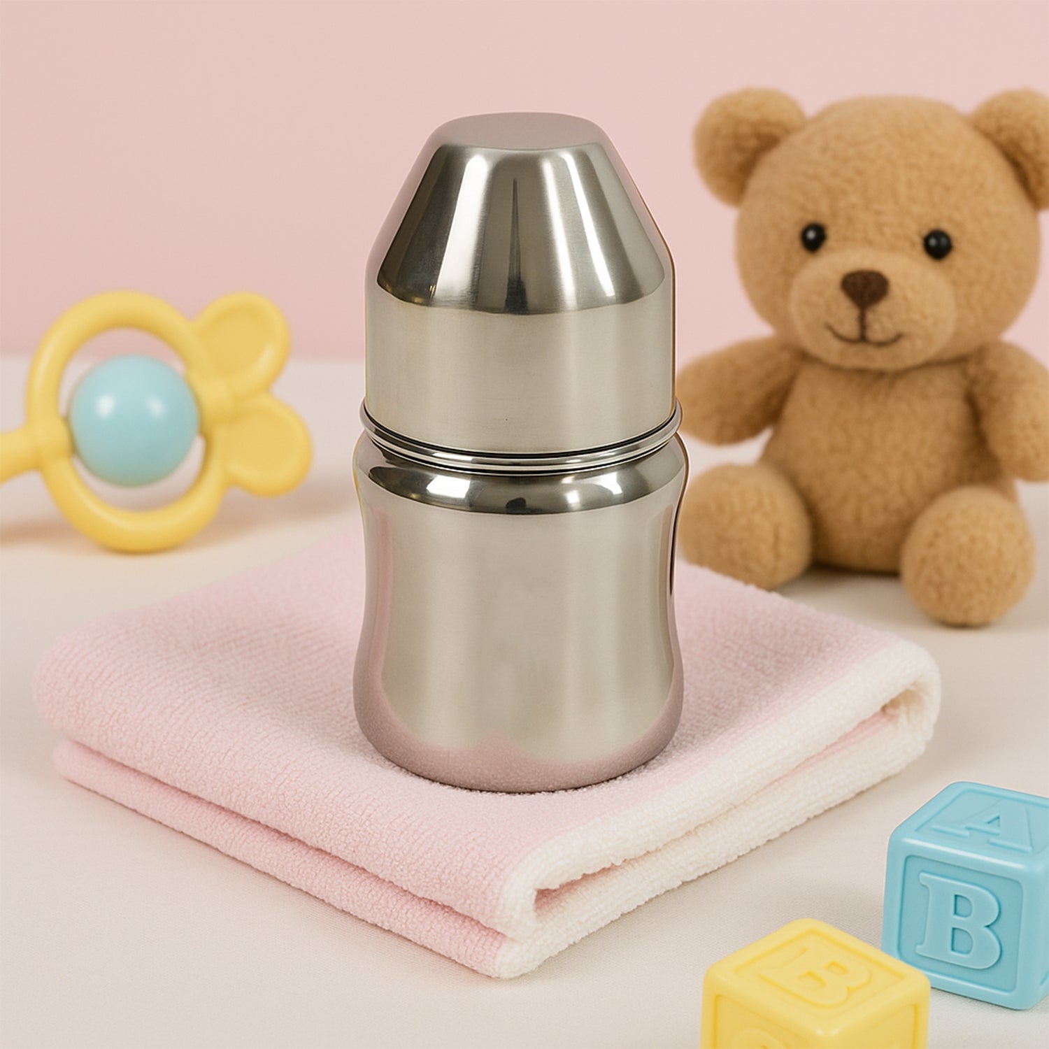 Wukusy Apex Premium stainless steel baby feeding bottle, 125ml, with silicone nipple and ergonomic design for easy feeding.