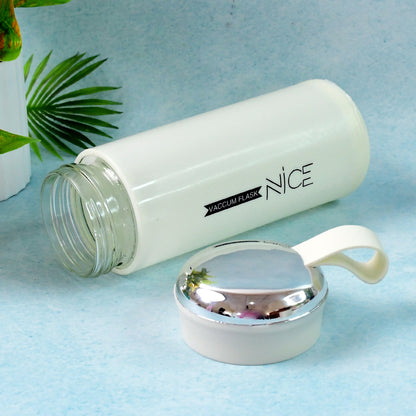 White 400ml Wukusy glass water bottle with leak-proof design, suitable for gym, children, and daily hydration.