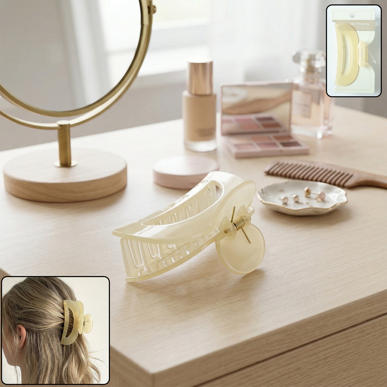 Wukusy elegant large hair claw clip holding styled hair, showcasing its glossy finish and sturdy design.
