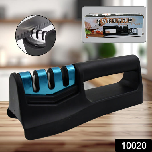 Wukusy 9-in-1 handheld knife sharpener with vegetable chopper and fish scale remover, suitable for kitchen, serrated, and pocket knives.