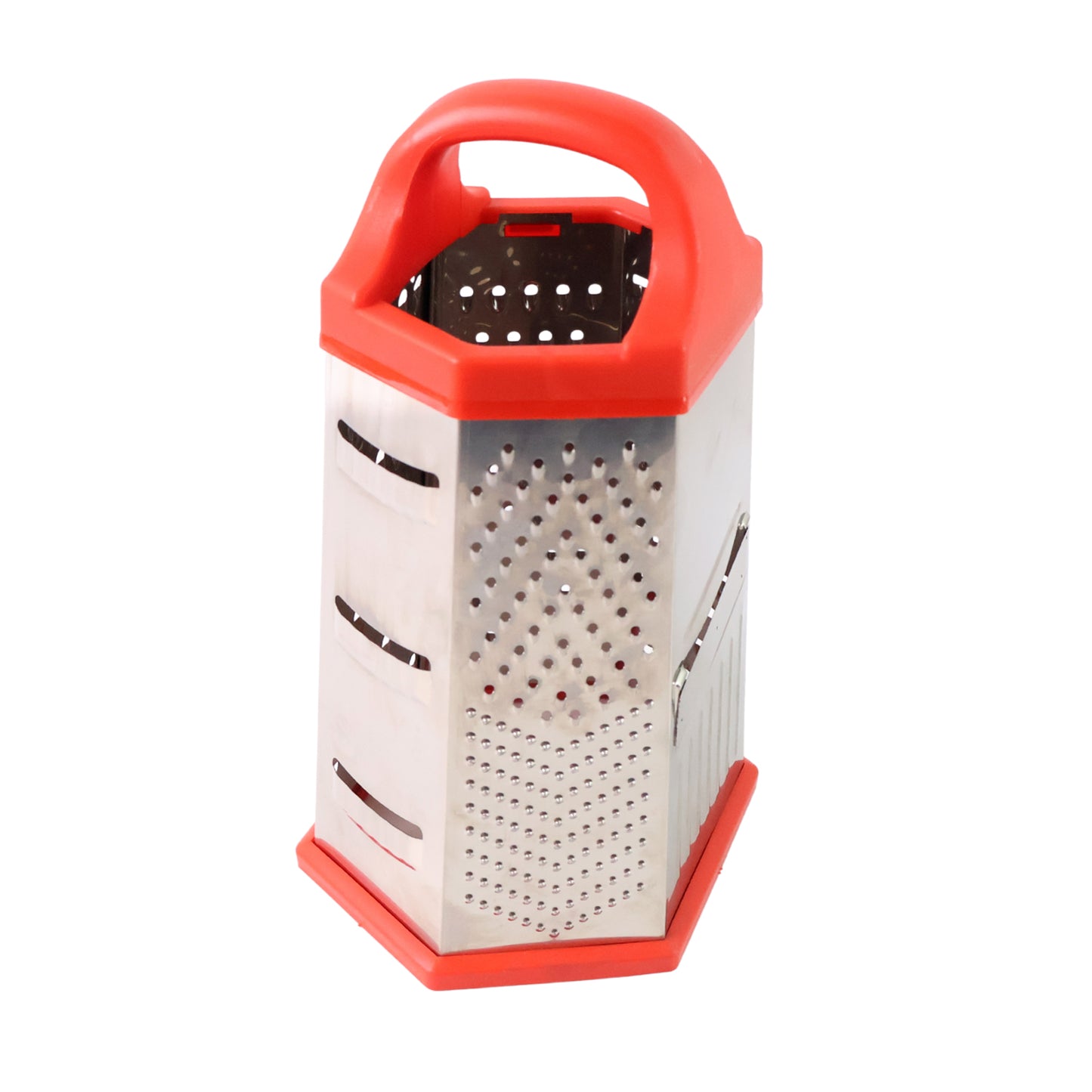 Wukusy 7-in-1 heavy-duty stainless steel box grater with ergonomic handle, showing four different grating surfaces.