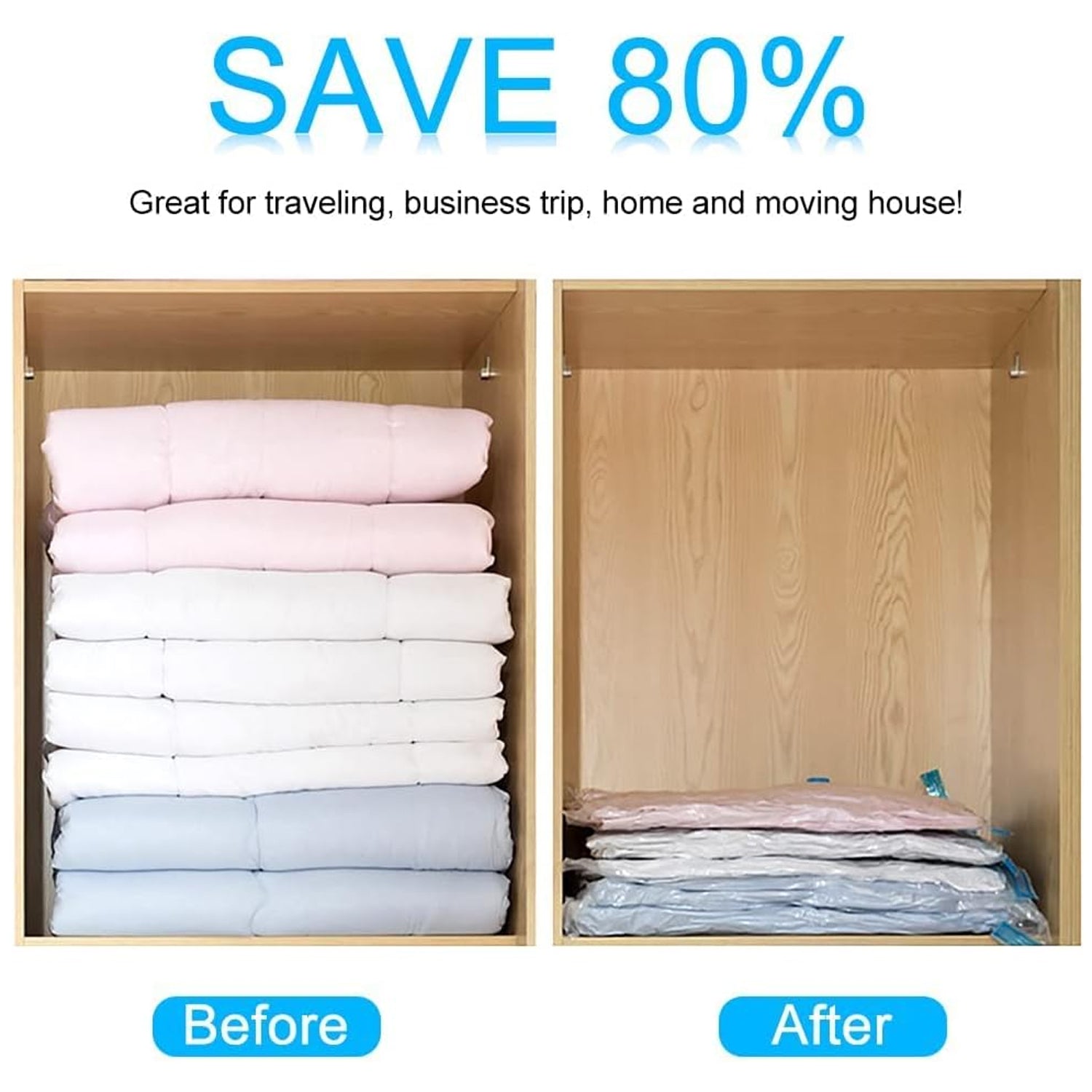 Wukusy vacuum storage bags with suction pump and shirt clips, large capacity compression bags for travel clothes, blankets, and pillows.
