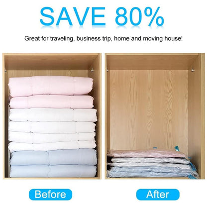 Wukusy vacuum storage bags with suction pump and shirt clips, large capacity compression bags for travel clothes, blankets, and pillows.