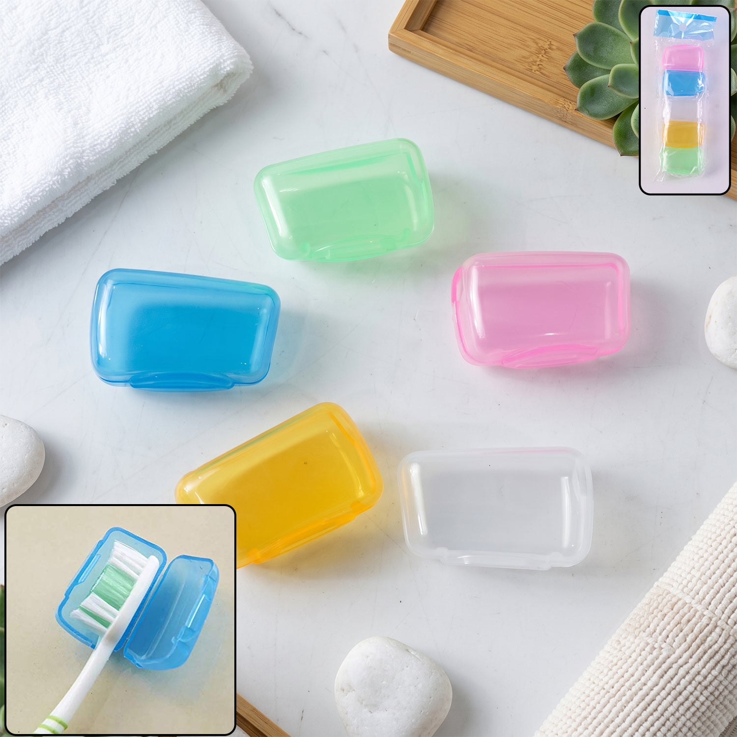 Set of five Wukusy toothbrush head cover caps, anti-dust travel brush protectors to keep toothbrush heads clean and hygienic.