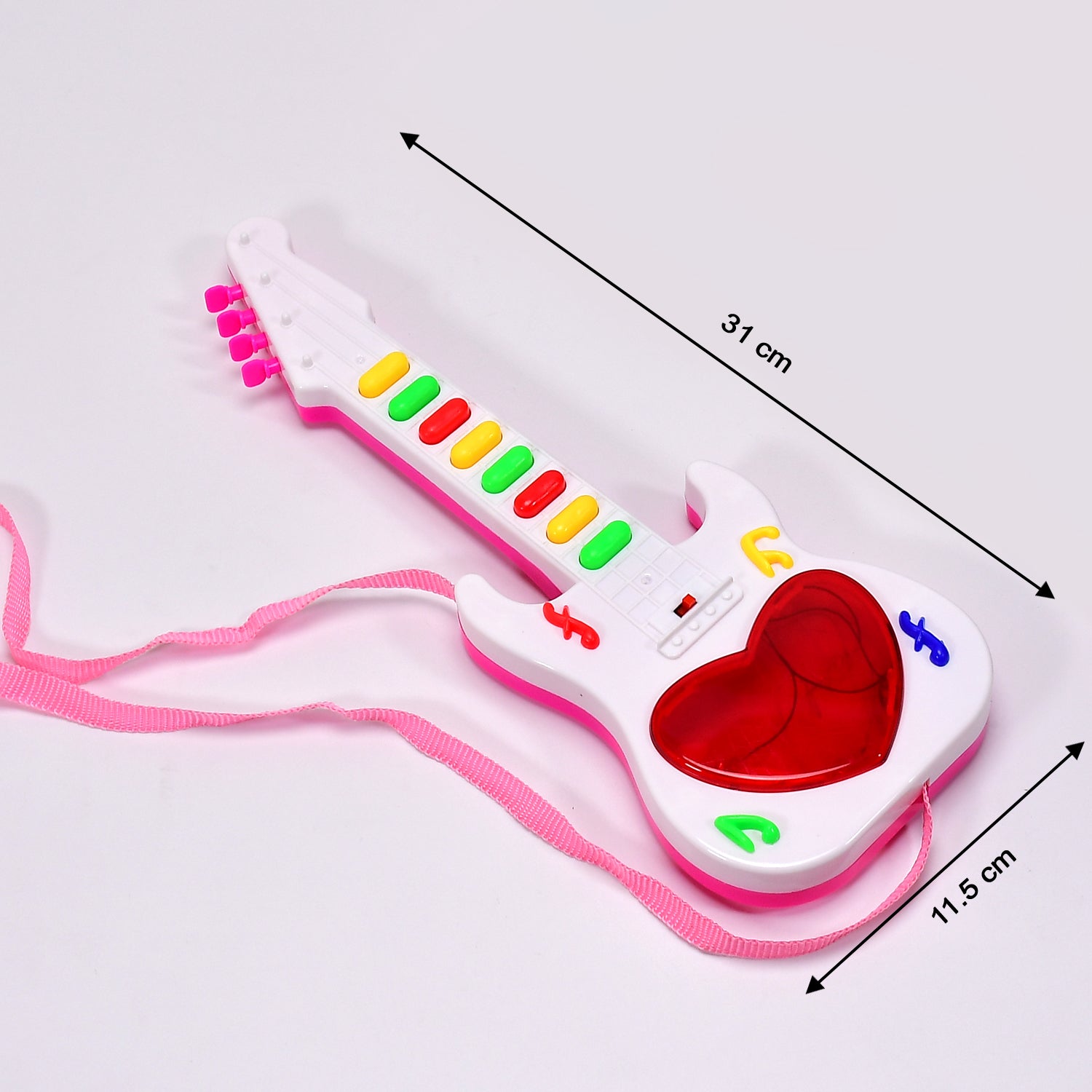 Wukusy battery-operated mini guitar toy with lights, suitable for kids aged 3+, featuring colorful musical instrument design.