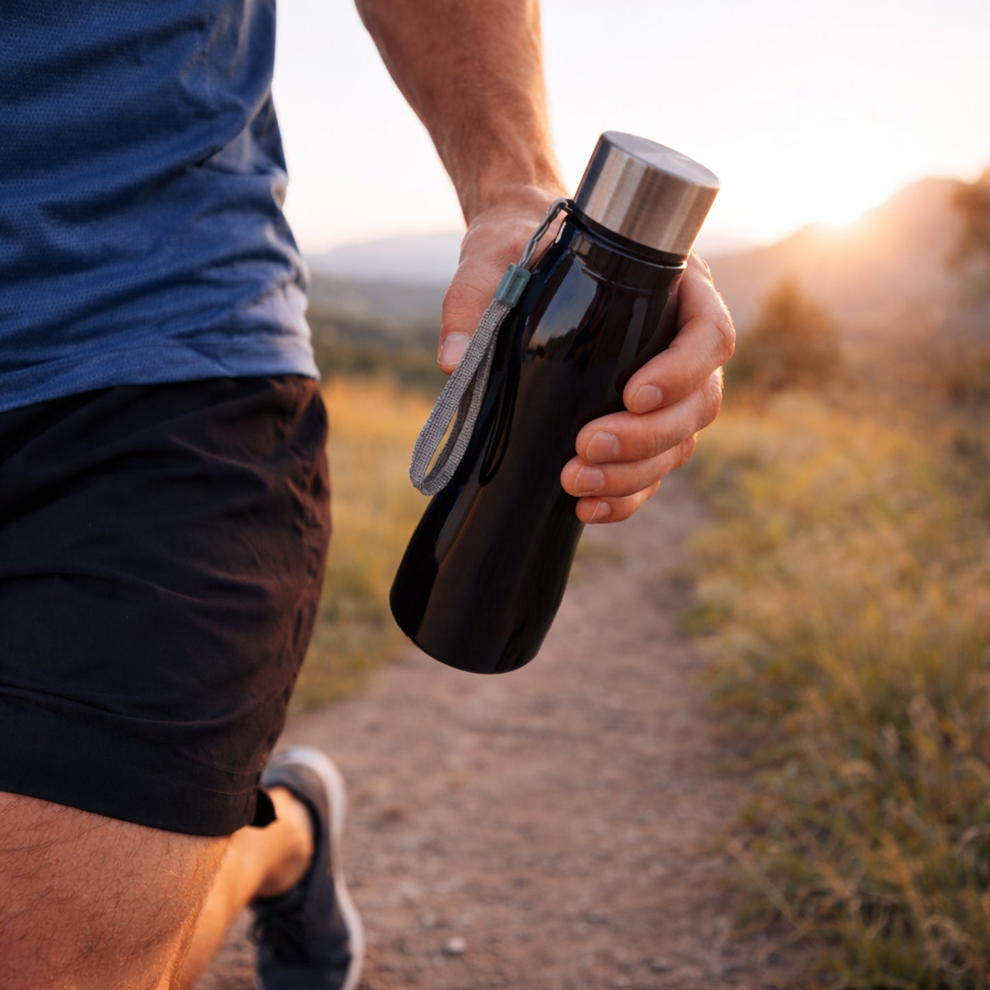Stainless steel Wukusy water bottle with 600ml capacity and carry strap, shown with a sleek, metallic finish and ergonomic design.