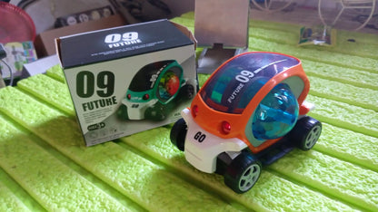 Wukusy plastic 360-degree rotating stunt car toy for kids with bump and go action, 4D lights, music, and disco ball feature.