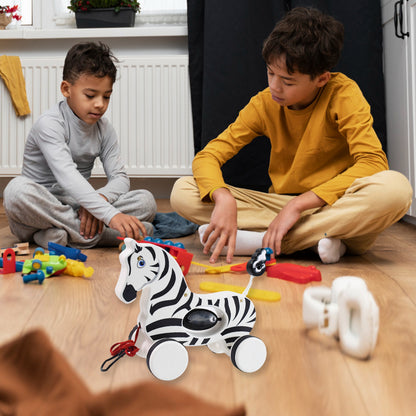 Wukusy zebra pull along toy for babies, featuring a colorful zebra design with a rope for early walking and pulling practice.