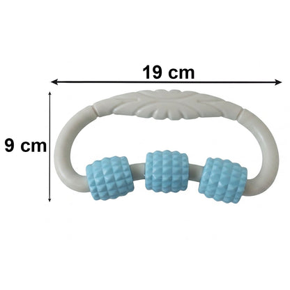 Wukusy handheld 3-roller body massager ring for muscle relaxation, shown in close-up with textured rollers for arms and legs.