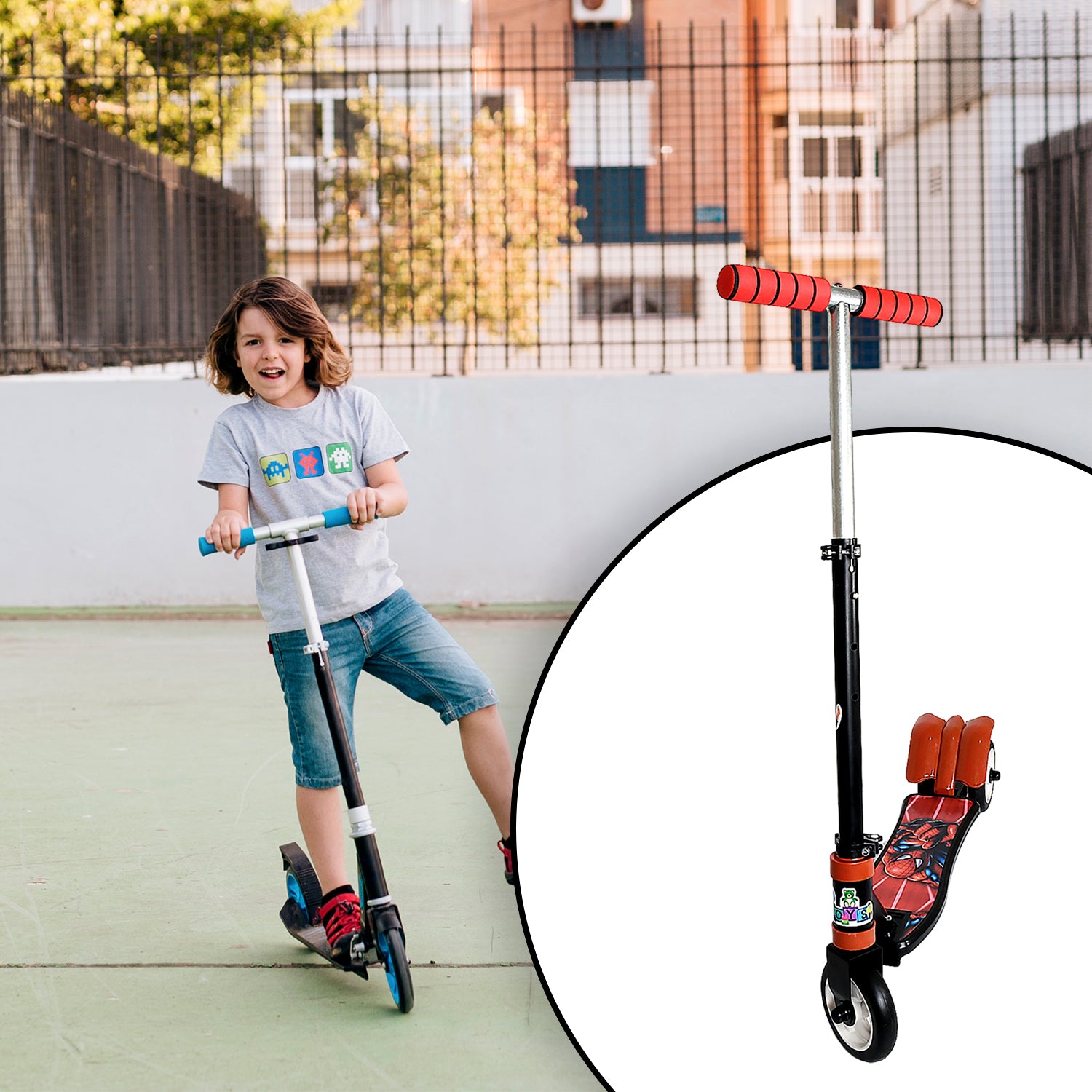 Wukusy basic kids ride-on leg push scooter with three wheels, foldable design, height adjustment, and multicolor for boys and girls.