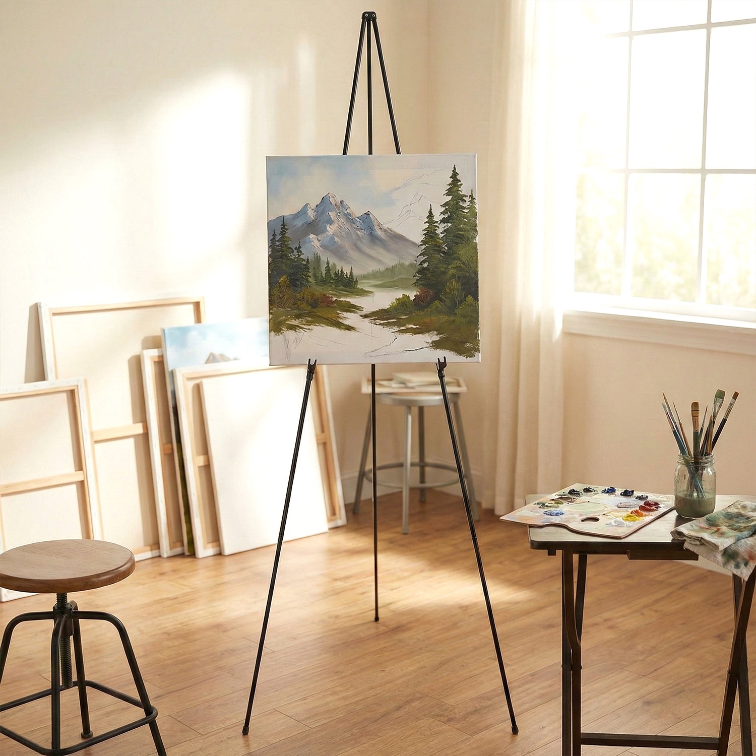 Wukusy 66-inch adjustable metal tripod easel stand with carry bag, featuring sturdy frame and height adjustment for art displays.