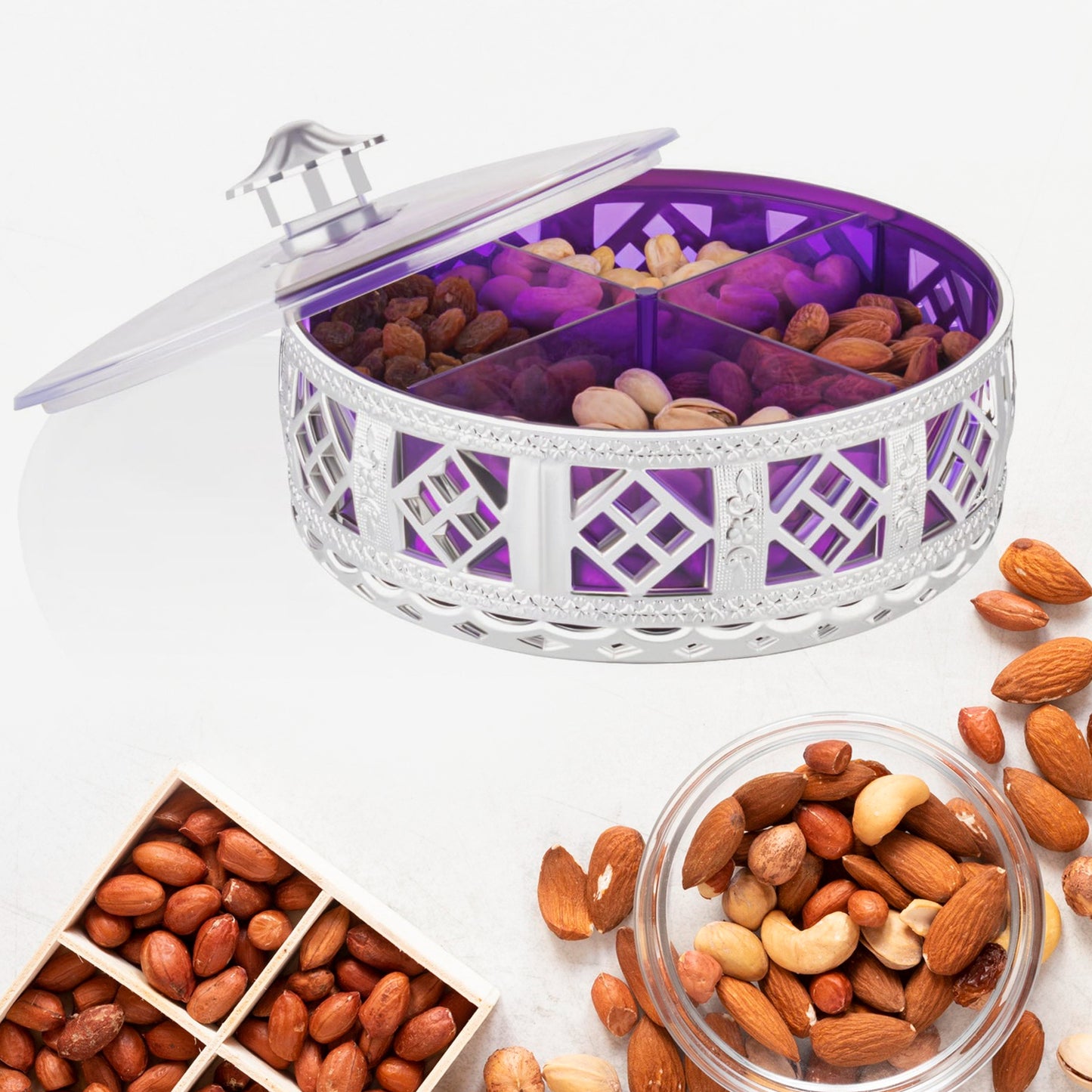 Wukusy multipurpose dry fruit box with four round silver compartments, ideal for kitchen storage and gift presentation.