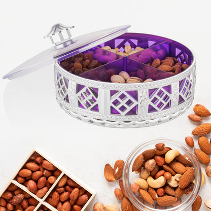 Wukusy multipurpose dry fruit box with four round silver compartments, ideal for kitchen storage and gift presentation.