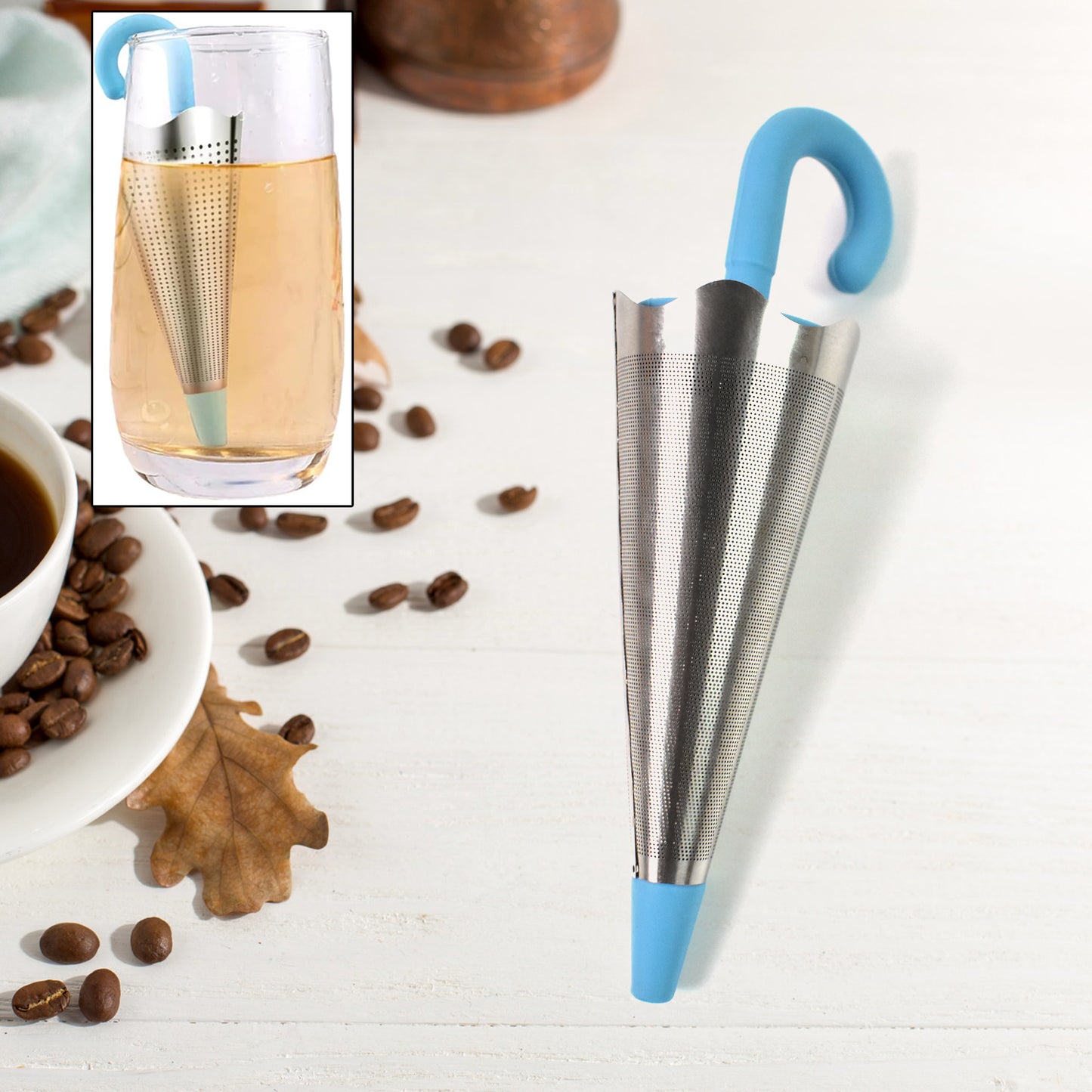 Wukusy reusable cute umbrella tea strainer without tray, colorful, compact kitchen accessory for brewing tea easily