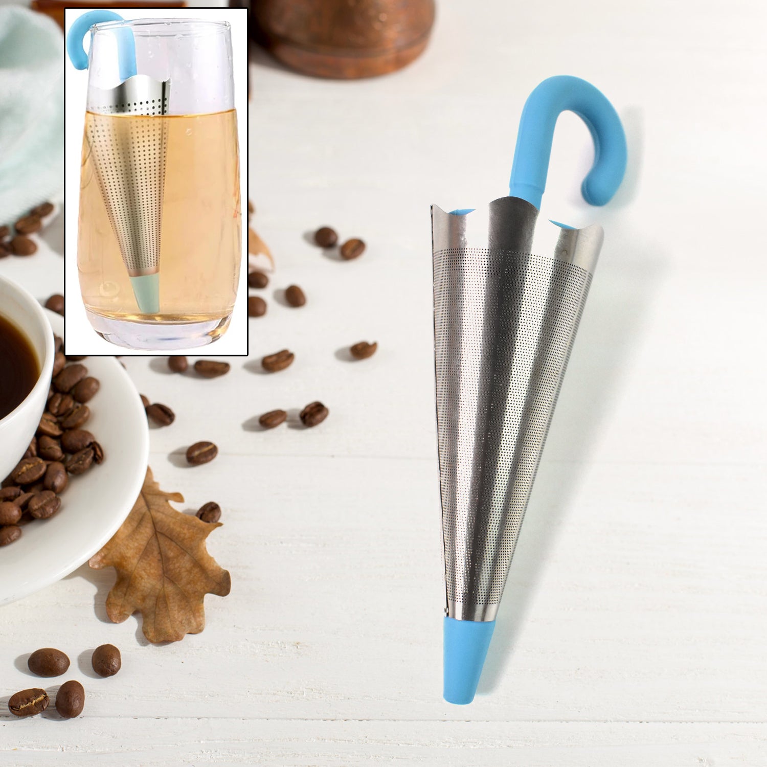 Wukusy reusable cute umbrella tea strainer without tray, colorful, compact kitchen accessory for brewing tea easily