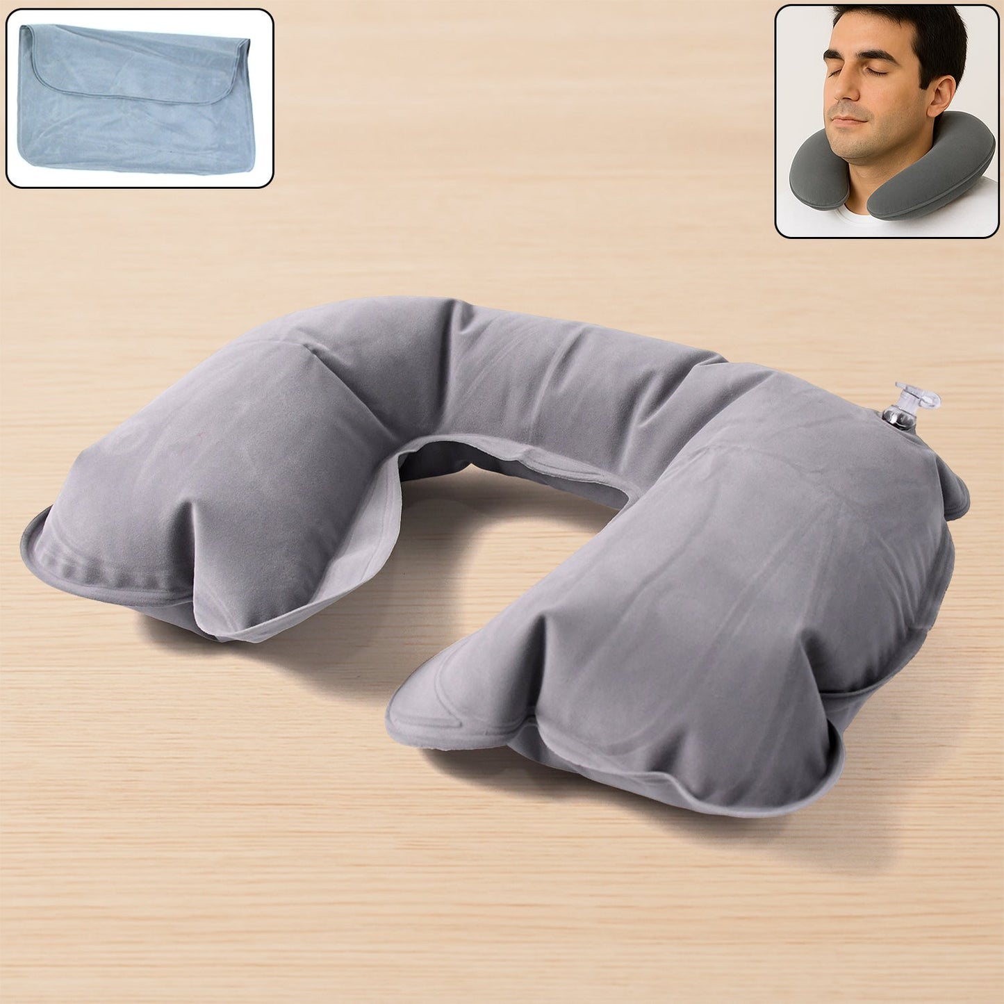 Wukusy inflatable U-shaped travel pillow in white, foldable and portable for neck support during long trips, suitable for men and women