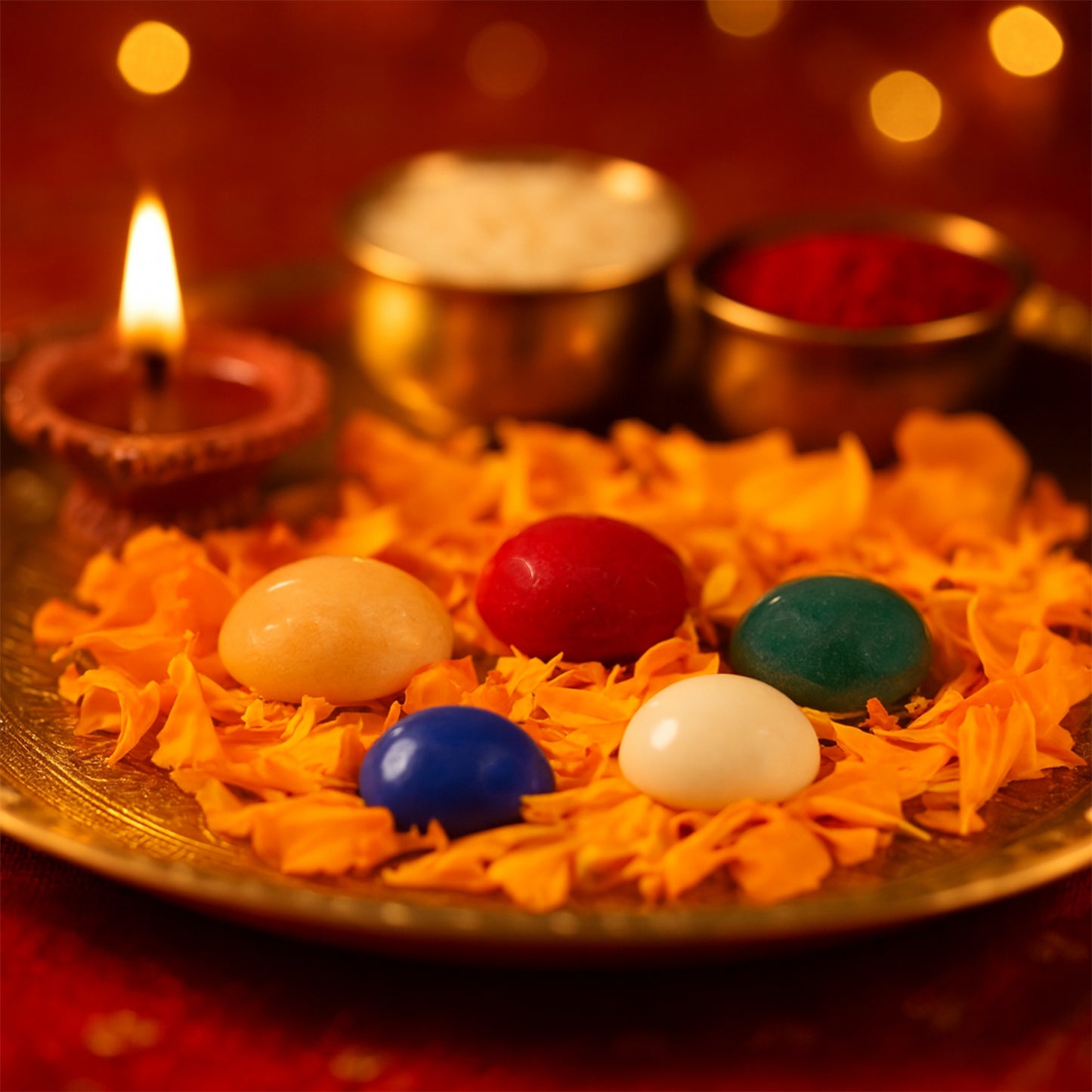 Wukusy premium Panch Ratna stone set with five colorful polished stones for home improvement and spiritual use.