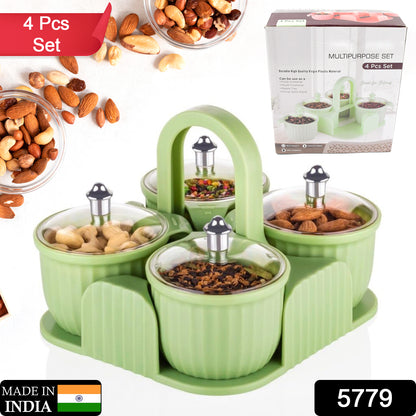 Wukusy 4-piece plastic dry fruit and snack storage jar set with lids, ideal for candies, cookies, and spices in home kitchen.