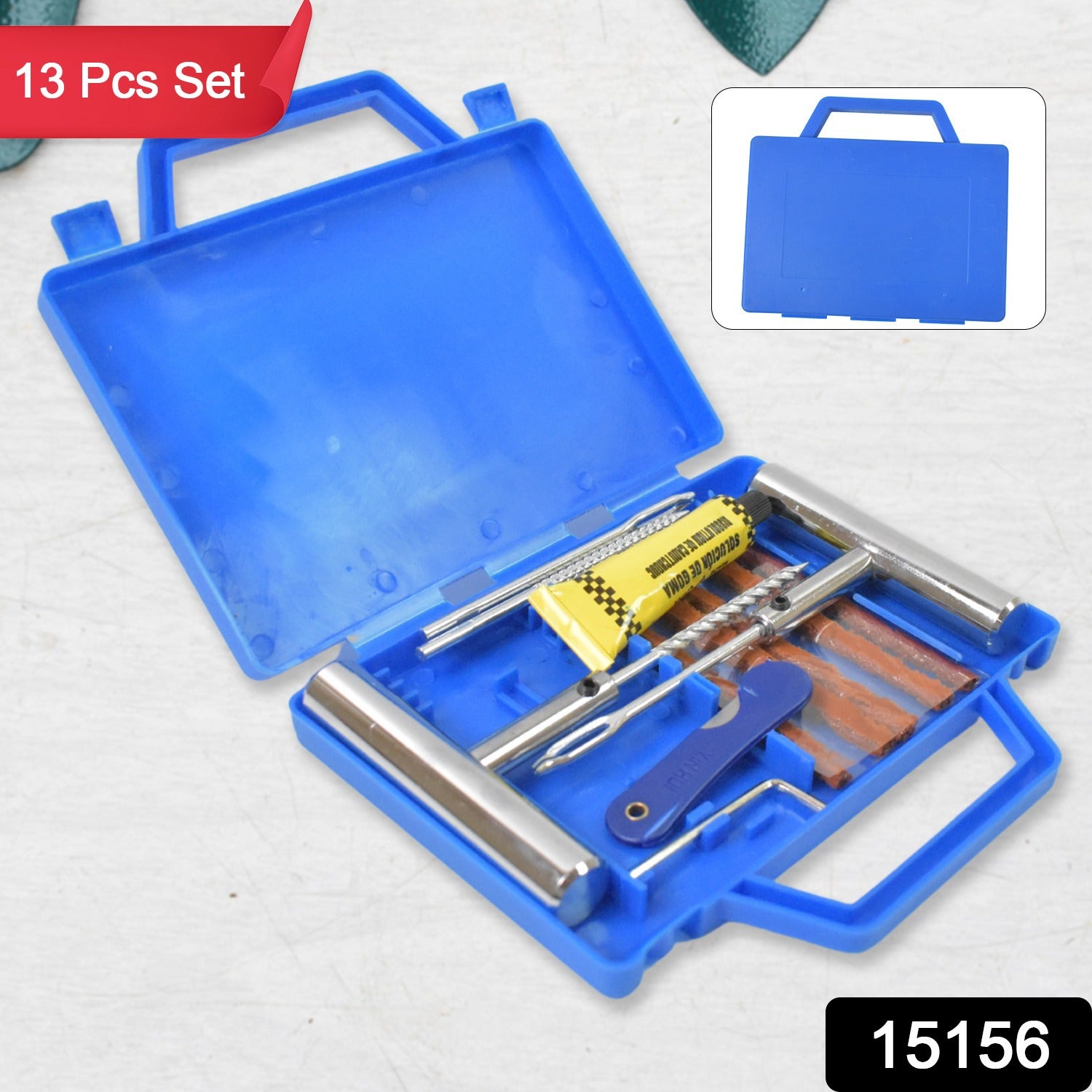 Wukusy portable tire repair kit with 13-piece tyre repairing tool set and storage box, including pliers, plug tools, and valve tools.