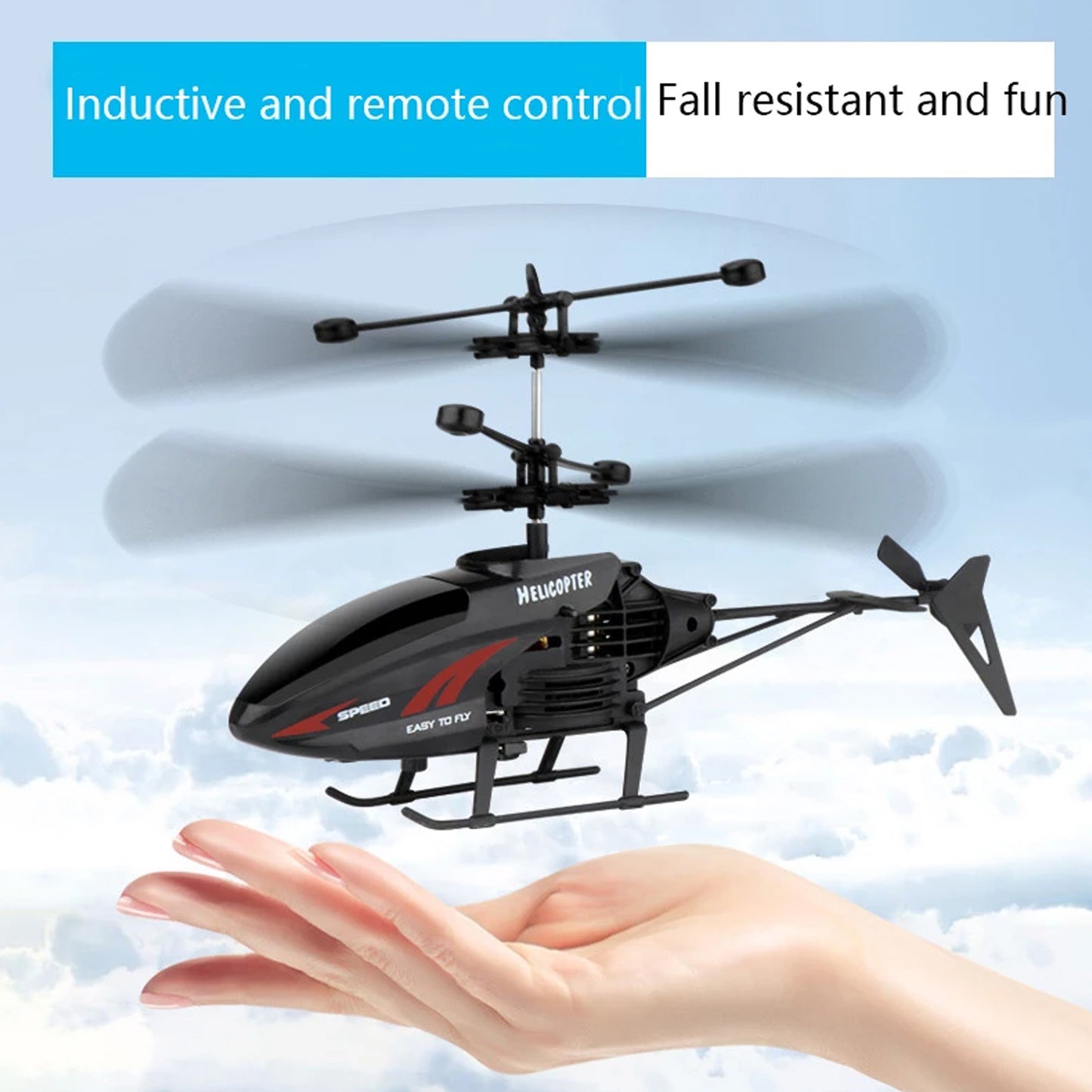 Wukusy remote control toy helicopter with USB charging cable for children, suitable for boys and girls, shown flying in the image.
