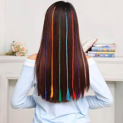 Colorful braided hair extension streaks for girls and kids, six-piece set by Wukusy featuring vibrant, playful hair accessories.
