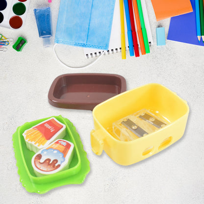 Wukusy plastic burger-shaped small double-hole office sharpener with eraser, featuring colorful burger design and compact size.