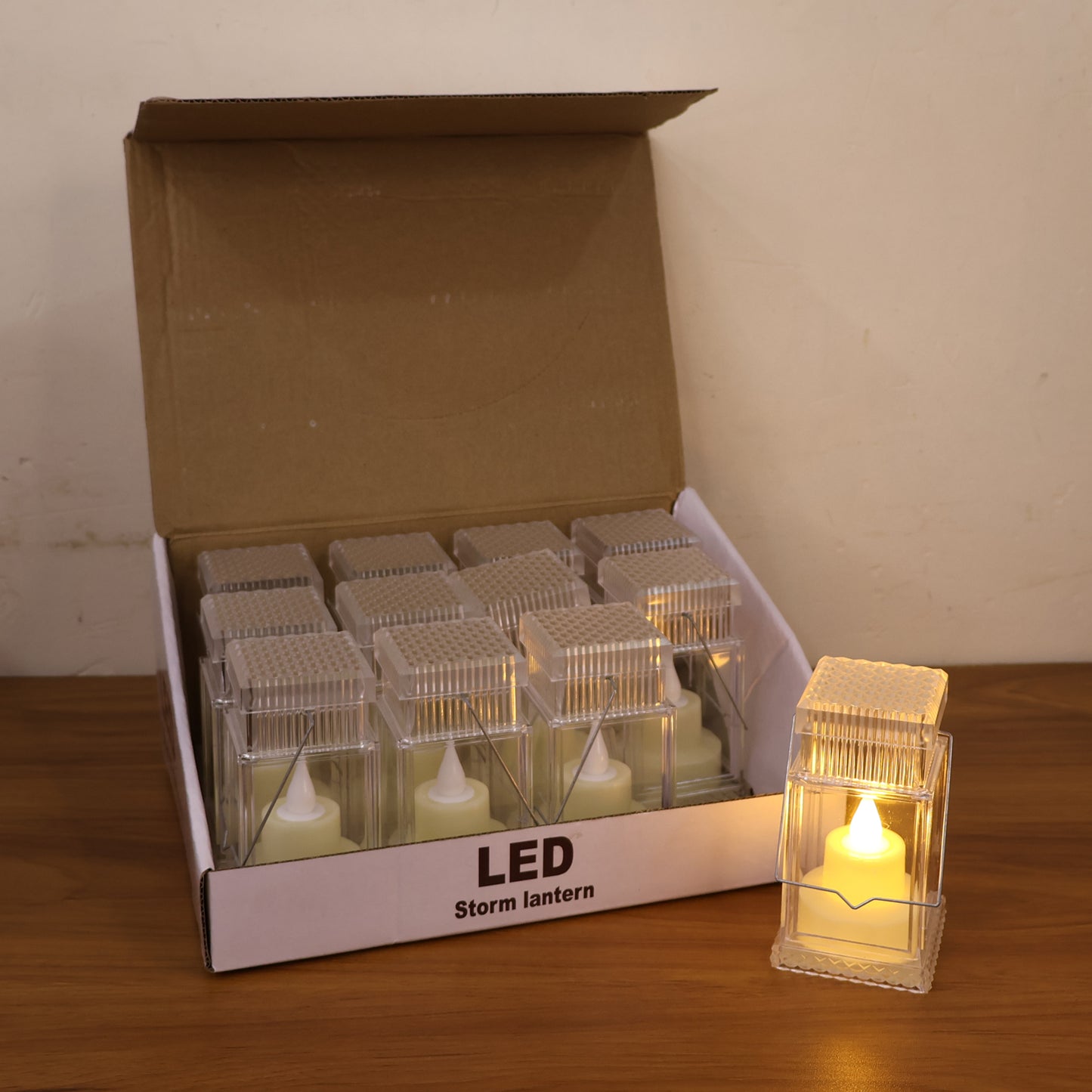 Set of 12 Wukusy LED storm lantern decorative lights for home decor, featuring vintage-style metal and glass lanterns.