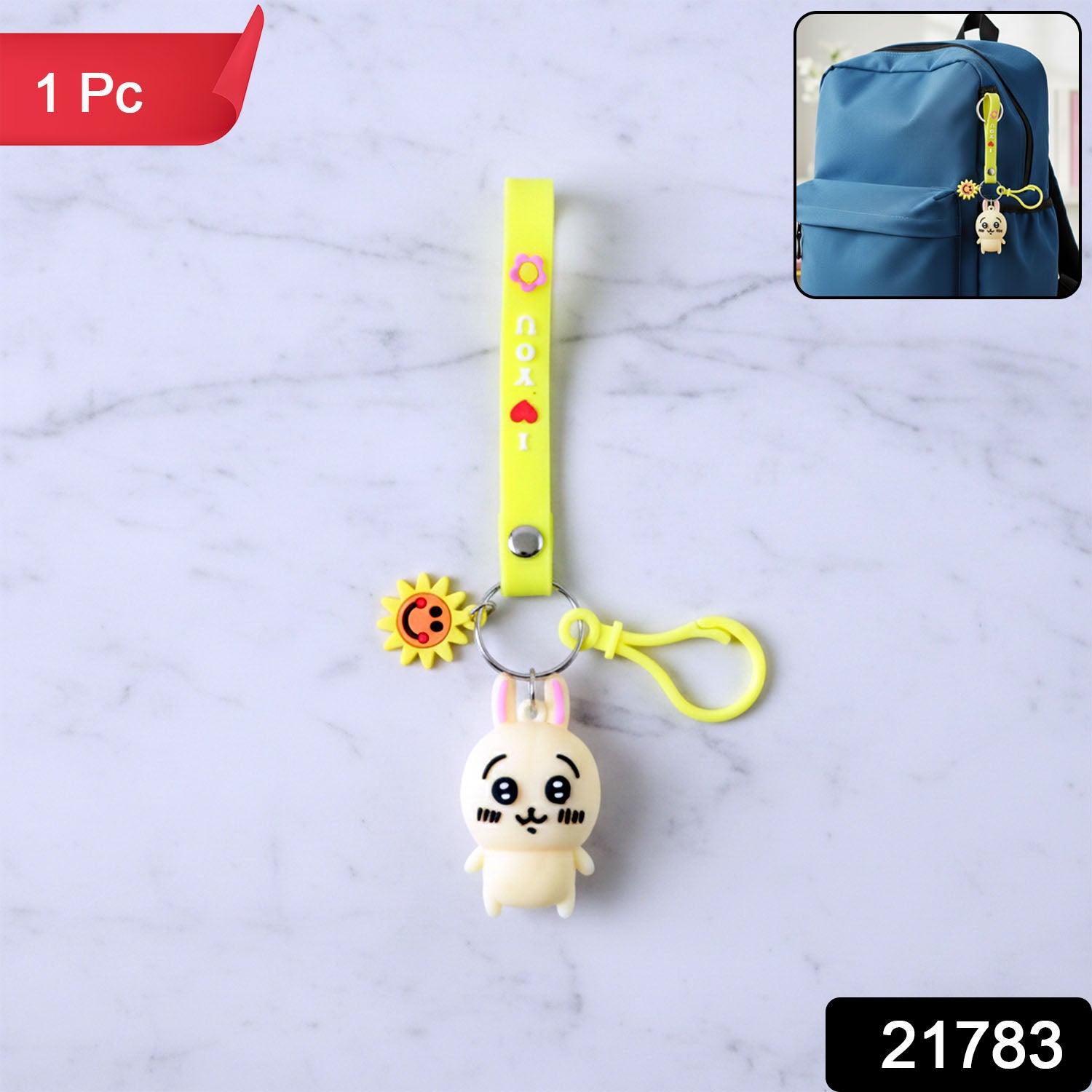 Cute Wukusy cartoon bunny silicone keychain with decorative strap, featuring colorful bunny face and playful design.