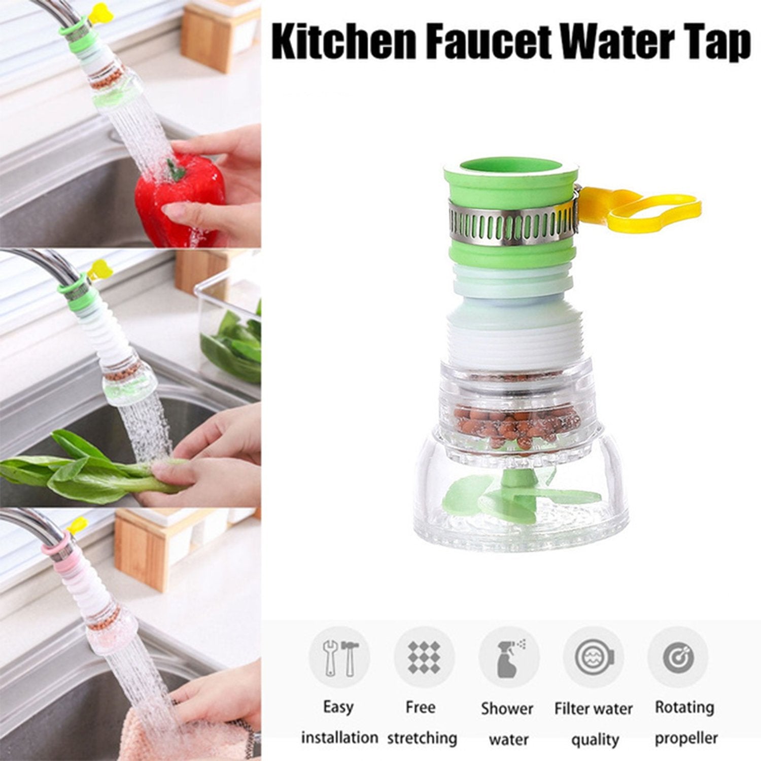 Wukusy 360-degree water-saving faucet expandable water valve splash regulator for kitchen sink with adjustable flow control.