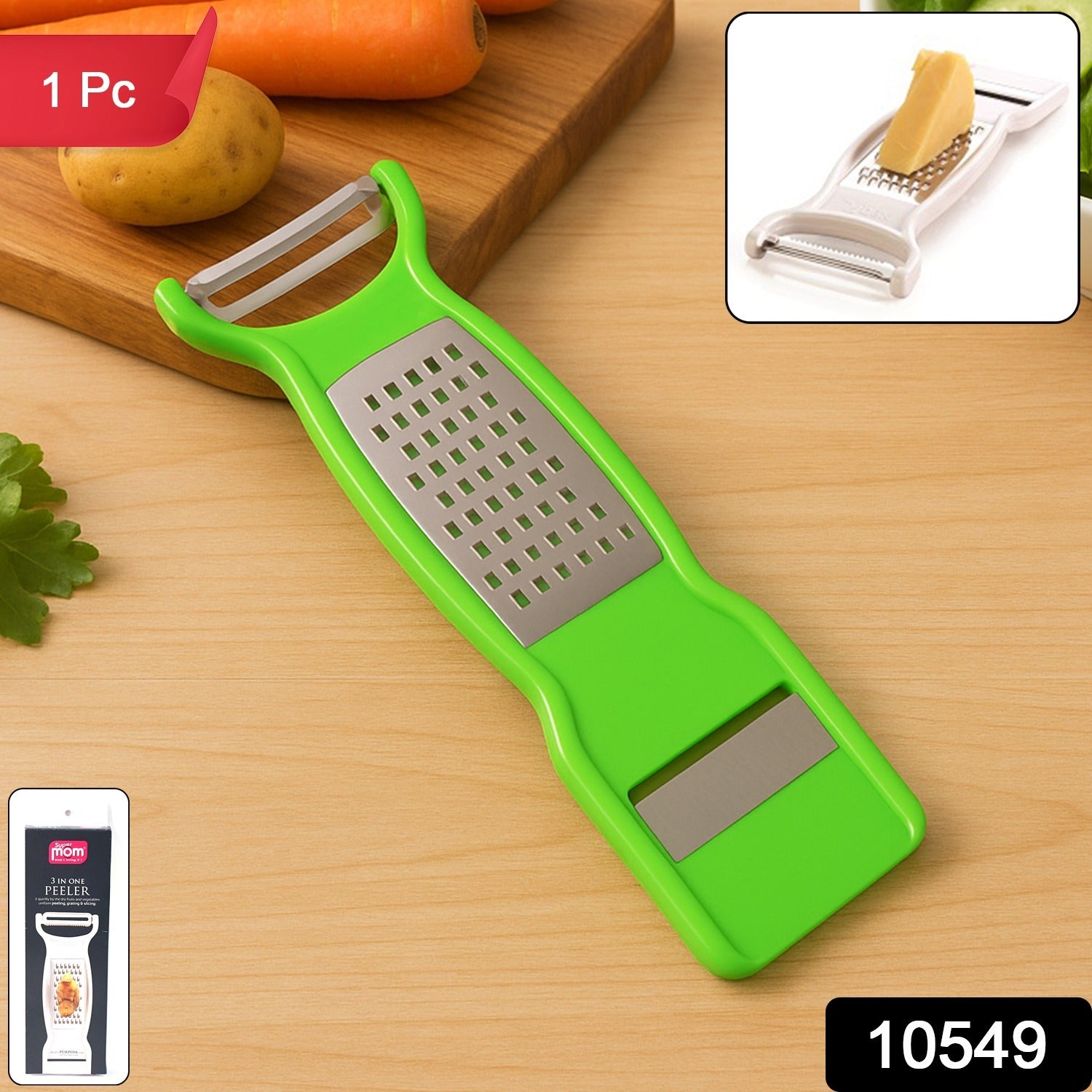 Wukusy Supermom 3-in-1 stainless steel vegetable and fruit peeler, multi-functional kitchen tool for peeling and slicing produce.