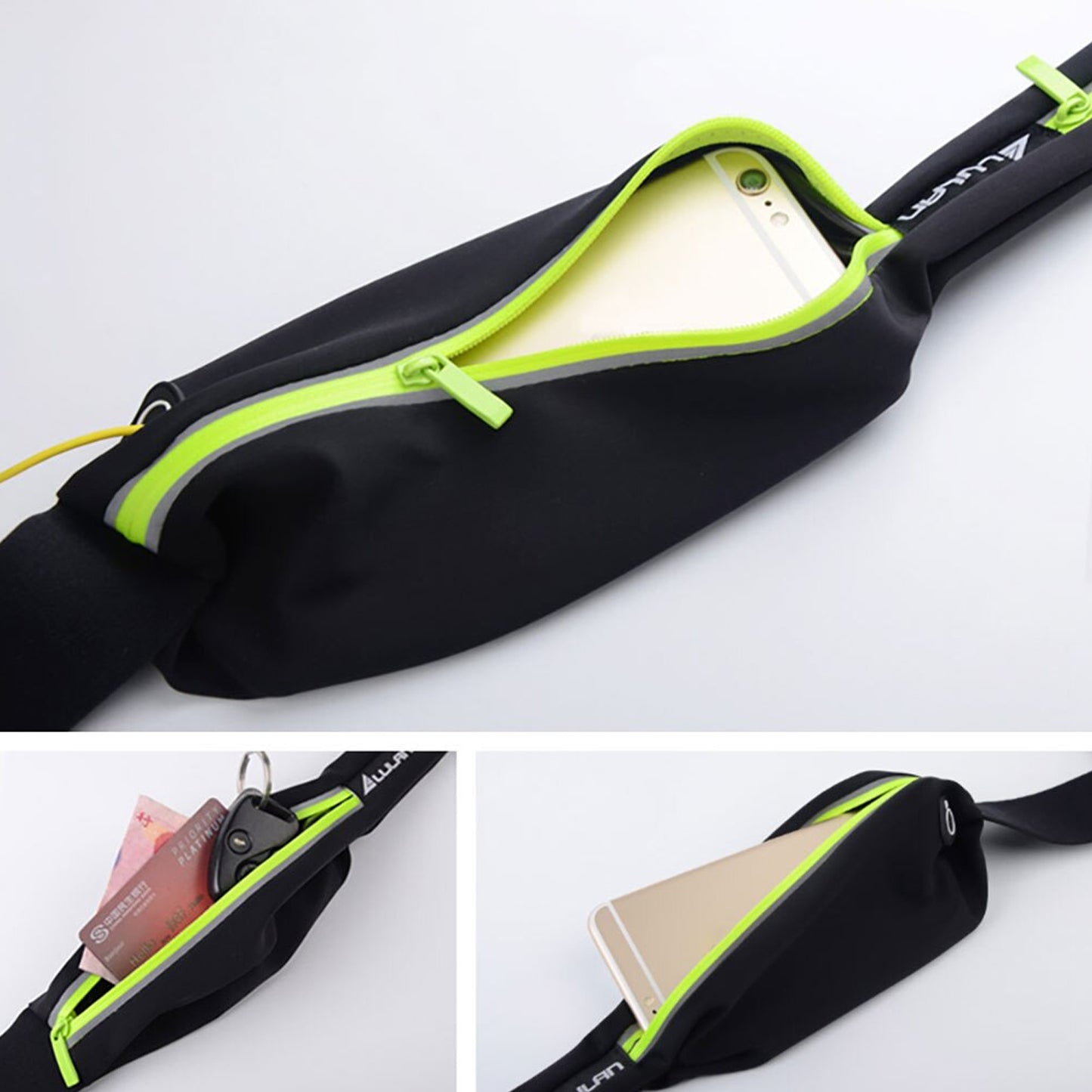 Wukusy 6202 waterproof waist bag with reflective strip, ideal for running, hiking, jogging, and walking activities.