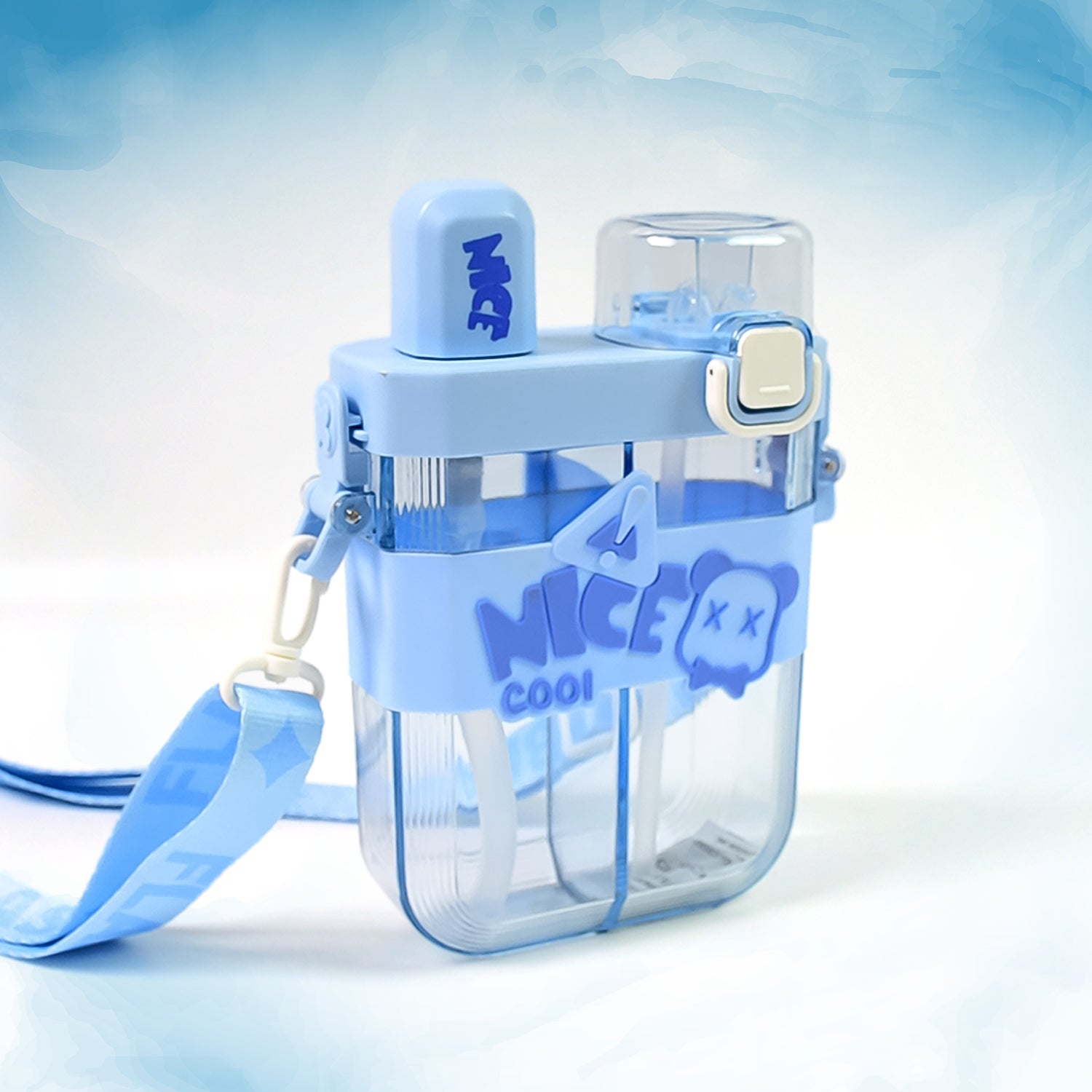 Multi-color Wukusy 2-in-1 dual compartment water bottle with straw and adjustable shoulder straps for convenient hydration.
