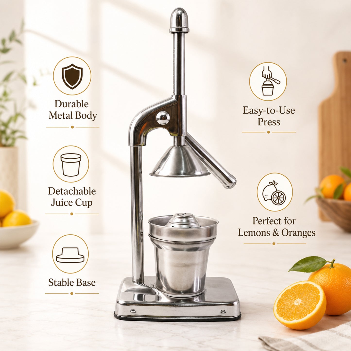 Wukusy heavy duty manual citrus juicer for lemons and oranges, hand press squeezer with sturdy handle and metal construction.