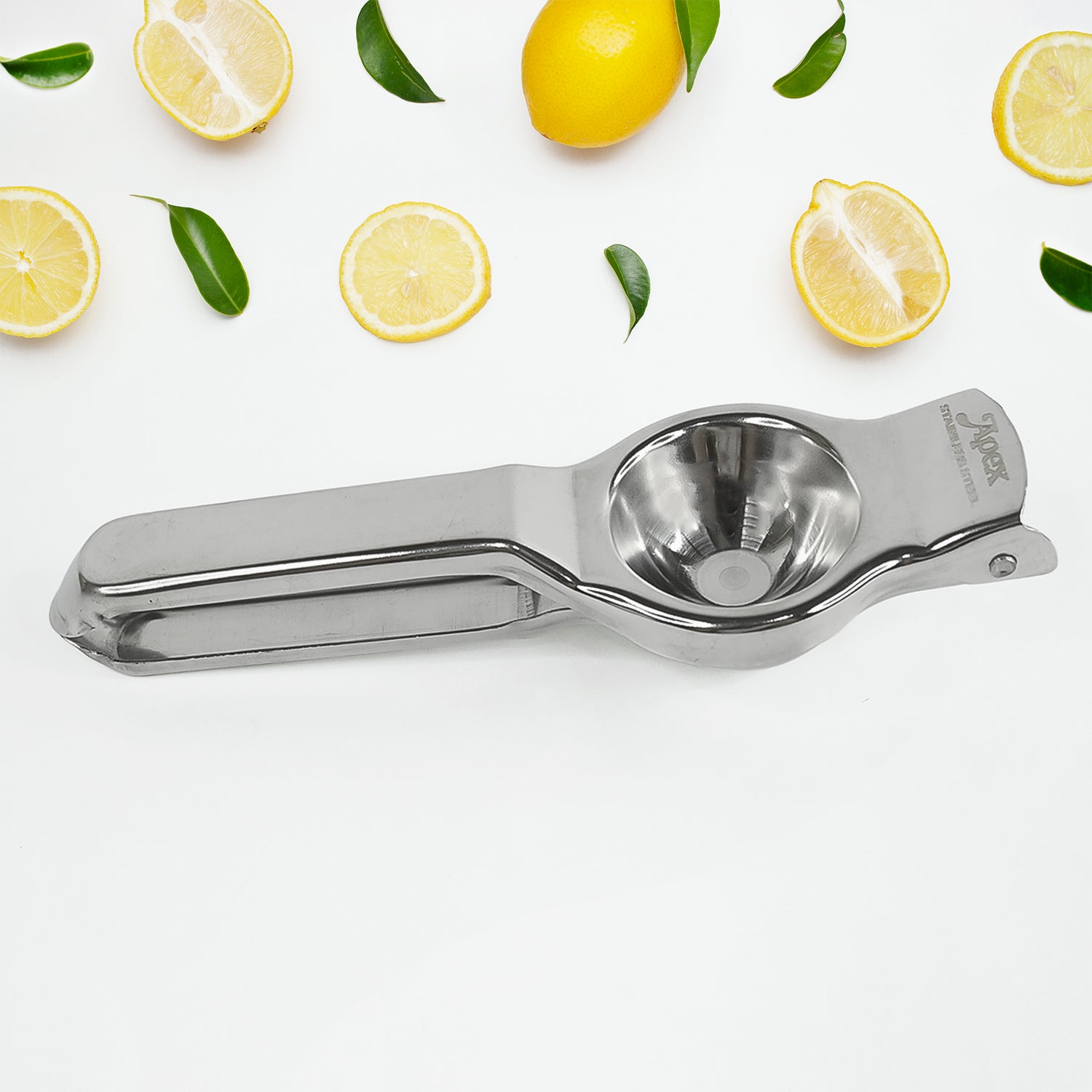 Wukusy Apex heavy-duty stainless steel lemon press squeezer for efficient citrus juice extraction in kitchen.