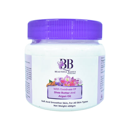 Wukusy Beautiful Basics Shea Butter and Argan Oil Body Cream in a 450g jar with a creamy texture and natural ingredients.